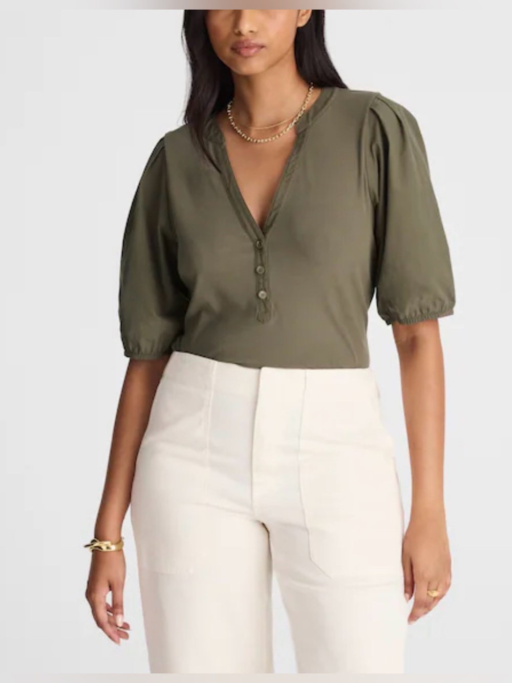 NWT Madewell Puff Sleeve Henley in Faded Olive Size Small
